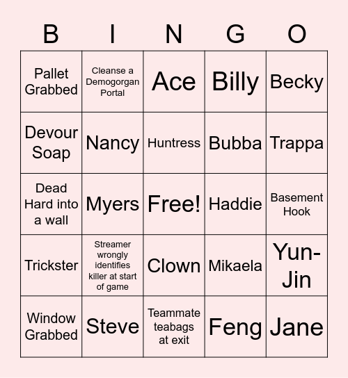 Dead by Daylight Bingo Card