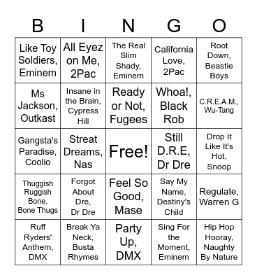 90's/2000's Hip Hop Bingo Card