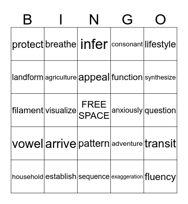 Third Grade Vocabulary Review Bingo Card