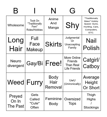 Femboy Bingo Card