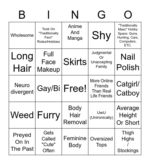 Femboy Bingo Card