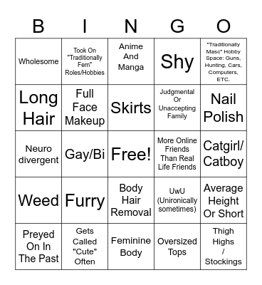 Femboy Bingo Card