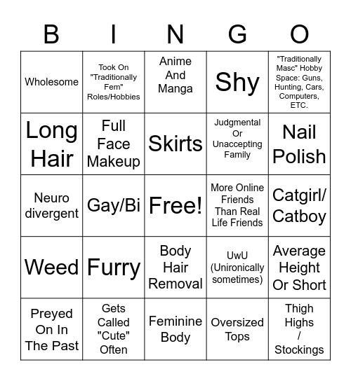 Femboy Bingo Card
