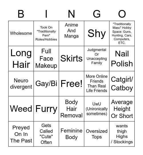 Femboy Bingo Card