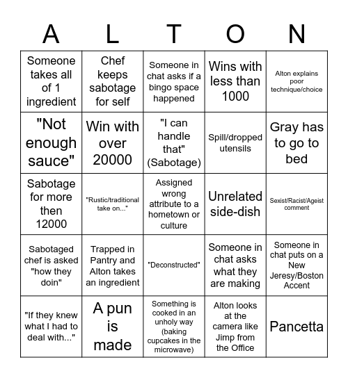Cutthroat Kitchen Bingo Card