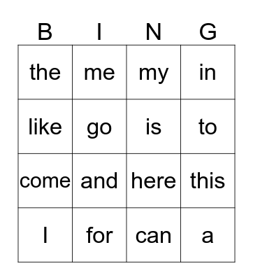 Sight Words Bingo Card