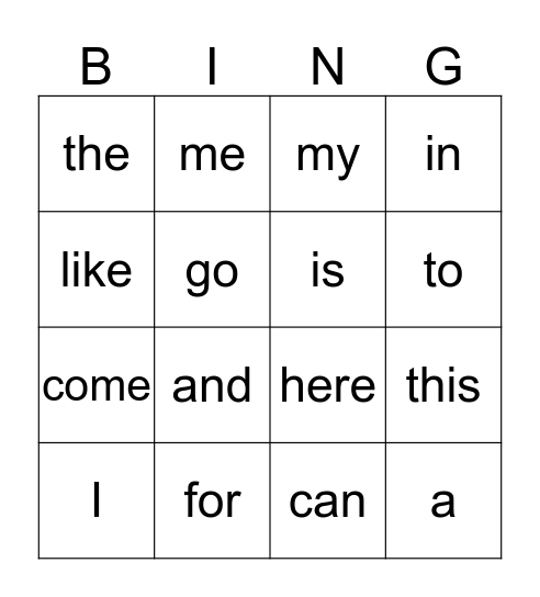 Sight Words Bingo Card