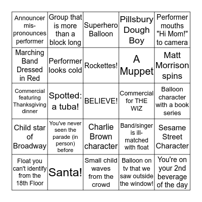 Thanksgiving Parade 2015 Bingo! Bingo Card