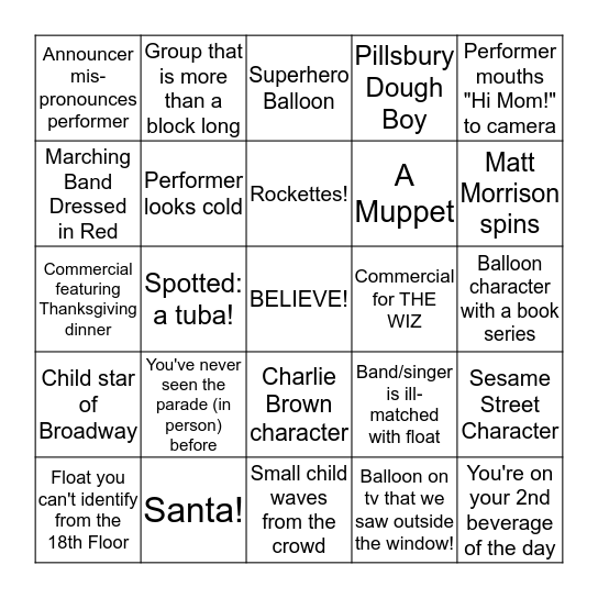 Thanksgiving Parade 2015 Bingo! Bingo Card