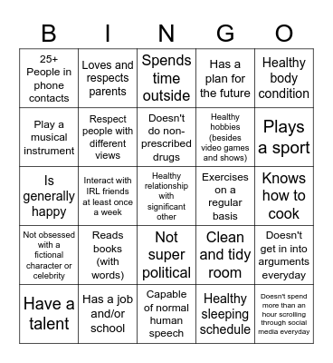 A Normal Human Bingo Card