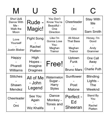 Pop Music Bingo Card