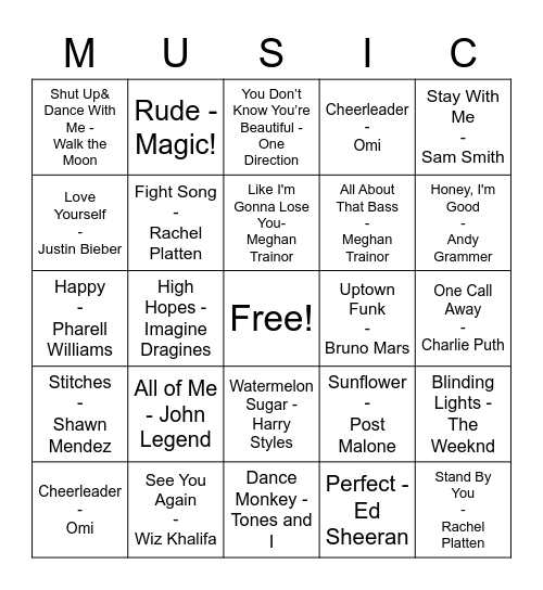 Pop Music Bingo Card