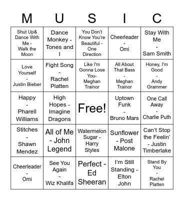 Pop Music Bingo Card