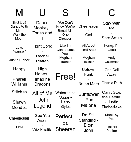 Pop Music Bingo Card