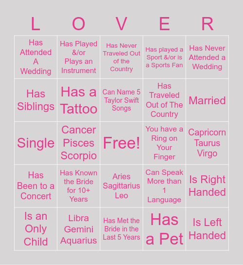 Lover Bingo Card