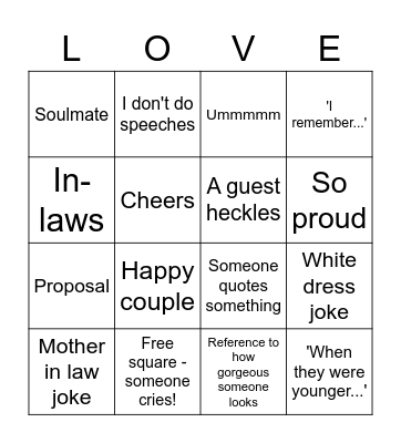 Wedding Speech Bingo! Bingo Card