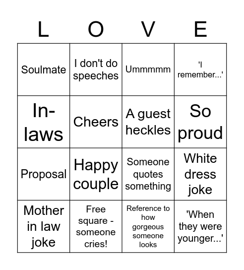 Wedding Speech Bingo! Bingo Card