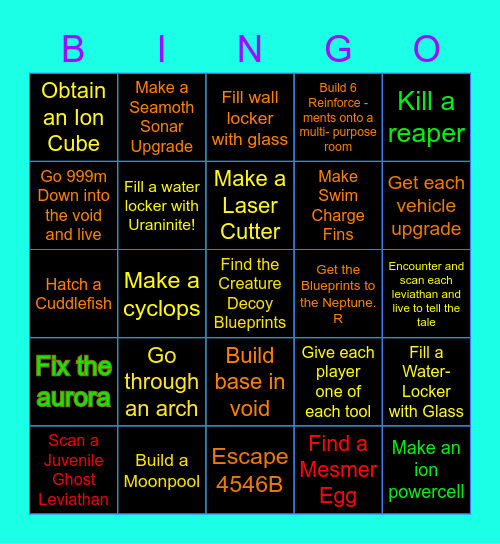 Subnautica Bingo Card