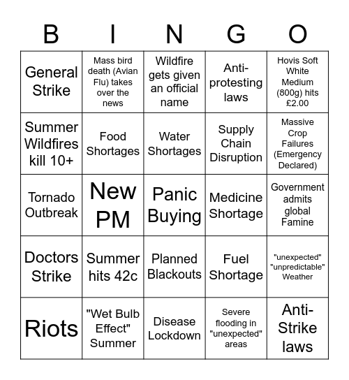 UK 2023 SHTF Predictions Bingo Card