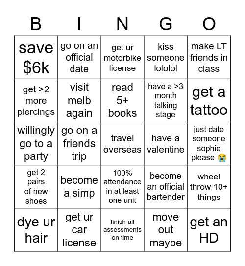 soph ‘23 Bingo Card
