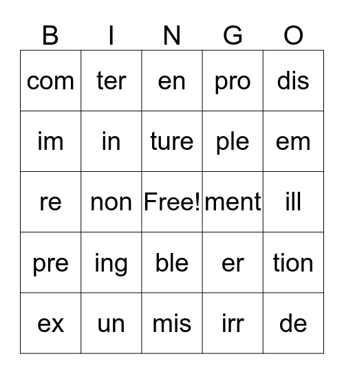 Spelling Bingo Card
