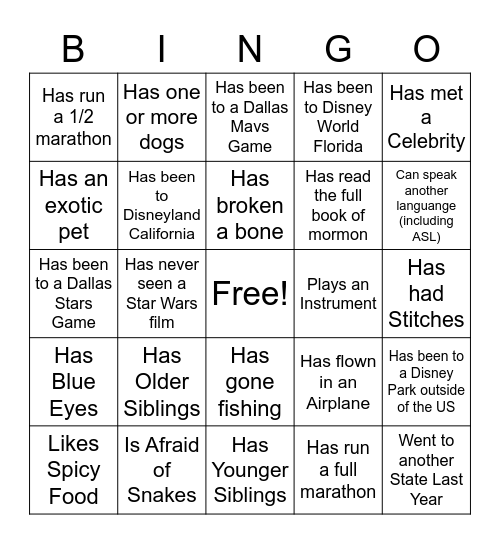 Getting to Know You Bingo Card