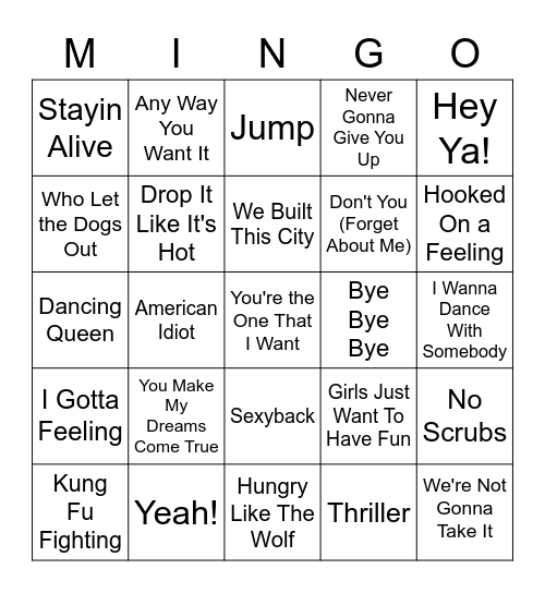 MUSIC MINGO UPDATE Bingo Card