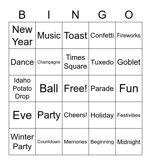 New Years Bingo Card