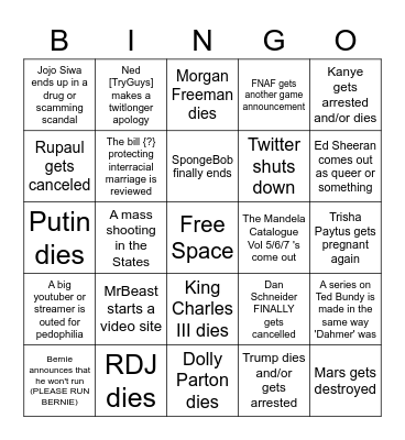 2023 Predictions Bingo Card