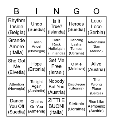 Eurovision Bingo Card