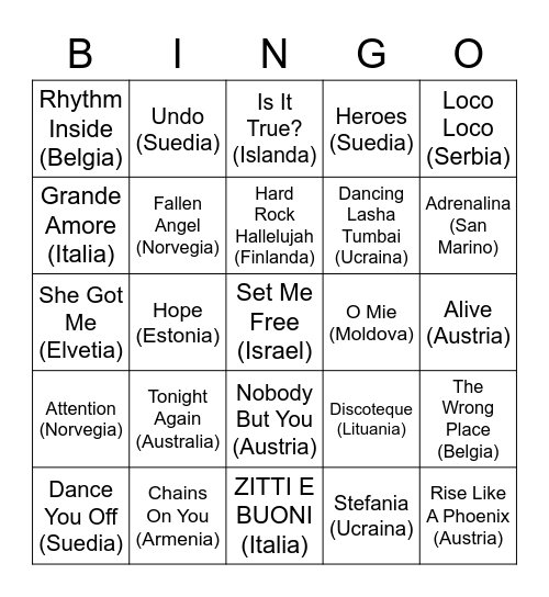 Eurovision Bingo Card