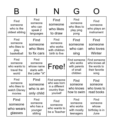 Getting to know you Bingo Card