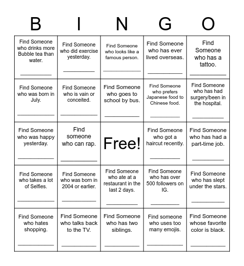 Find Someone Who Bingo Card