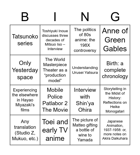 Untitled Bingo Card