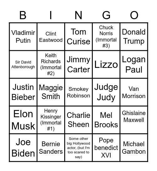 Celebrity Death Bingo 2023 Bingo Card