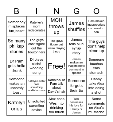 Danny and Katelyn’s wedding Bingo Card