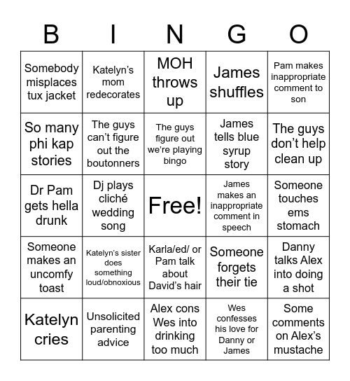 Danny and Katelyn’s wedding Bingo Card