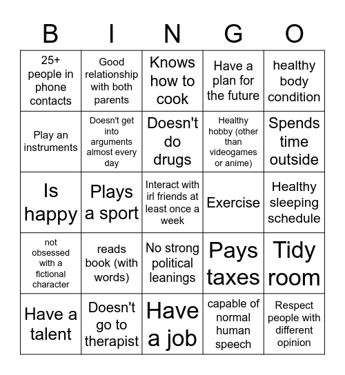 Normal Human Bingo Card