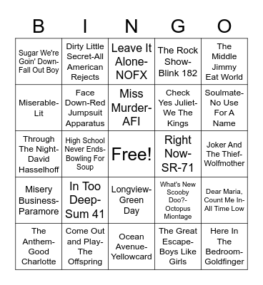 Pop Punk Bingo Card