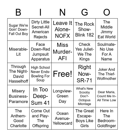 Pop Punk Bingo Card