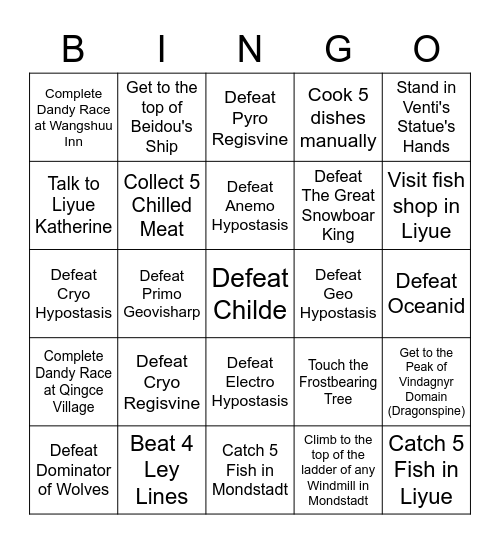 Genshin Lockout Bingo Card