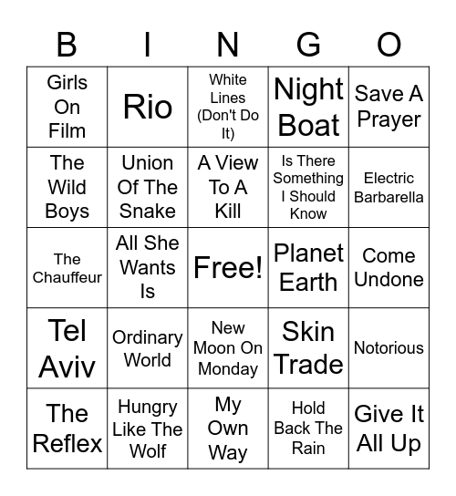 Duran Duran Bingo Card