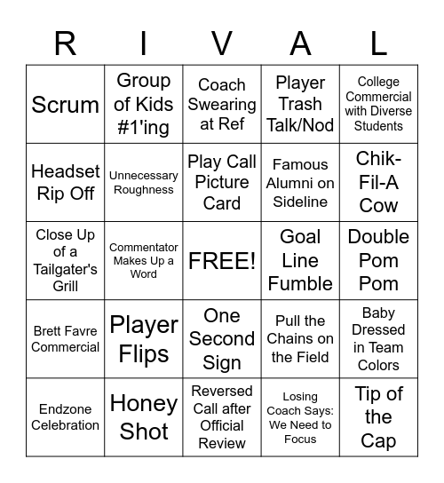 College Football Bingo Card