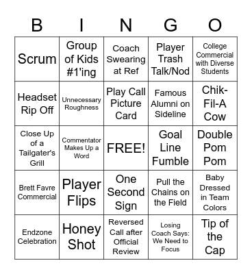 College Football Bingo Card