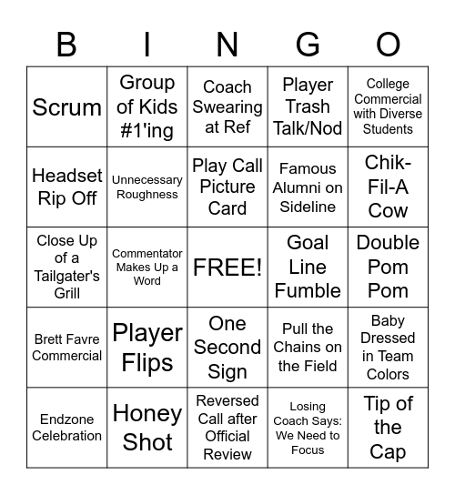 College Football Bingo Card