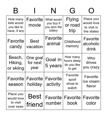 Favorites and YOU Bingo Card