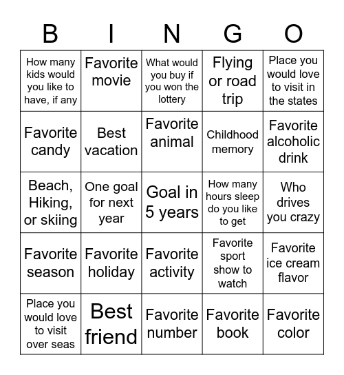 Favorites and YOU Bingo Card