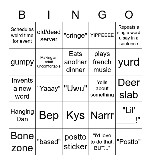 Dan wants a wiener in his mouth Bingo Card