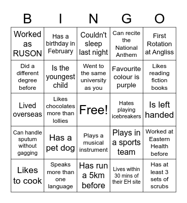 Orientation Day Bingo Card