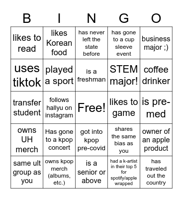Hallyu Cub Bingo Card